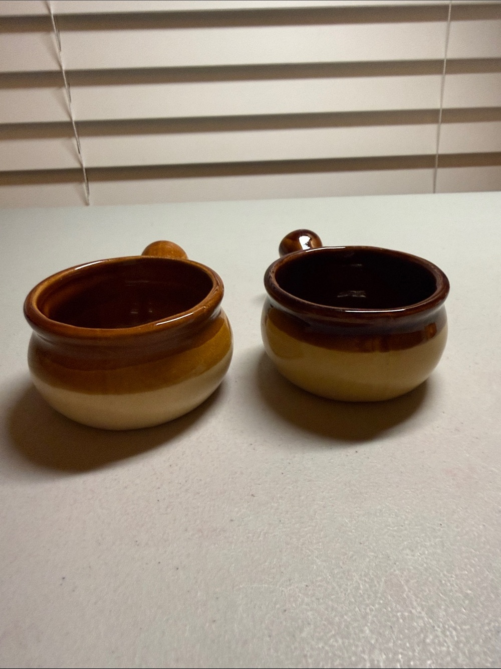 Vintage Brown Glazed Stoneware Bowls with Handle - Set of 2